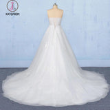 Off White Sweetheart High Low Tulle Appliques Wedding Dresses with Train KPW0488