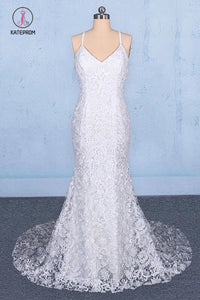 Elegant V Neck Lace Wedding Dresses, Mermaid Backless Lace Bridal Dress KPW0490
