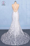 Elegant V Neck Lace Wedding Dresses, Mermaid Backless Lace Bridal Dress KPW0490