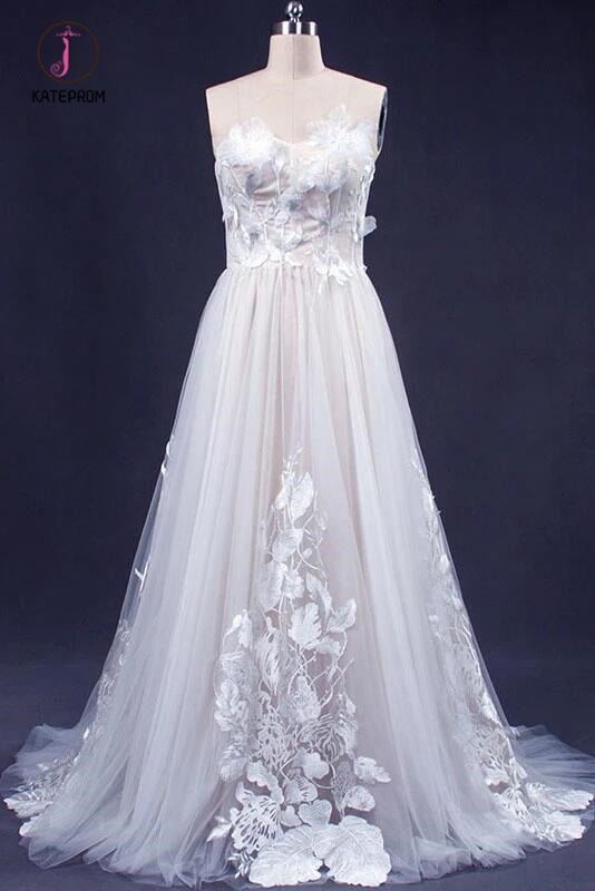 A Line Sweetheart Tulle Appliqued Wedding Dress, Strapless Tulle Bridal Dresses KPW0491