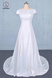 Simple A Line Cap Sleeves Wedding Dress with Lace, Long Bridal Dress with Lace KPW0493