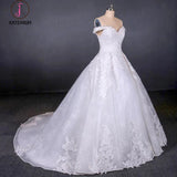 Ball Gown Off Shoulder Appliques Wedding Dresses, Puffy Lace Appliqued Bridal Dress KPW0494