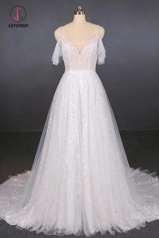 Elegant Sexy Spaghetti Straps Lace Wedding Dress, A Line V Neck Beach Wedding Dress KPW0495