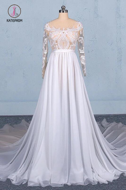 White Long Sleeves Chiffon Wedding Dress with Appliques, Gorgeous Long Bridal Dress KPW0496
