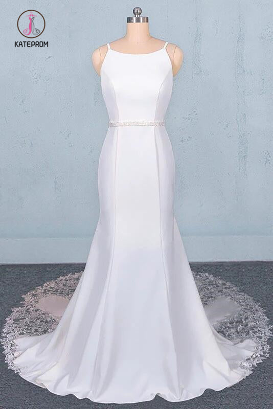 Simple Mermaid Sleeveless Wedding Dress with Lace, Sexy Backless Bridal Dress KPW0497