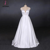 Simple Straps White Satin Wedding Dresses, Floor Length Satin Backless Bridal Dresses KPW0498