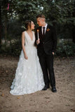 A Line V Neck Floor Length Wedding Dresses, Ivory Sleeveless Bridal Dresses KPW0499