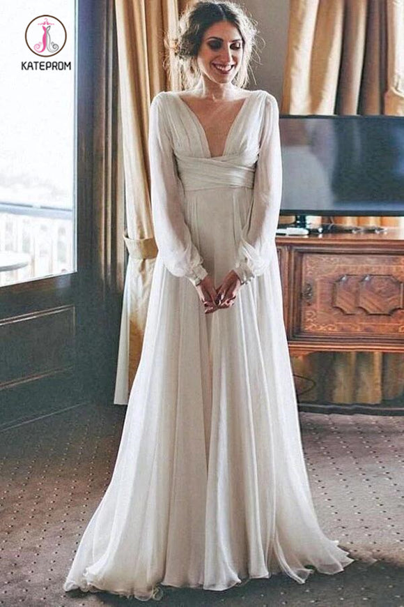 Elegant Long Sleeves Chiffon Beach Wedding Dresses with Long Sleeves, A Line Bridal Dress KPW0502