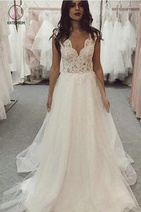 A Line V Neck Tulle Beach Wedding Dress with Lace, Ivory Lace Top Long Bridal Dresses KPW0503