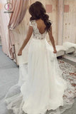 A Line V Neck Tulle Beach Wedding Dress with Lace, Ivory Lace Top Long Bridal Dresses KPW0503