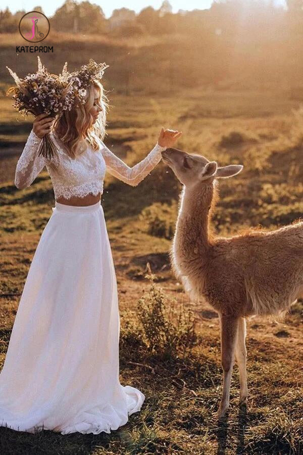 Two Piece White Beach Wedding Dress with Lace, Romantic Long Sleeves B kateprom Two Piece White Beach Wedding Dress with Lace, Romantic Long Sleeves B kateprom