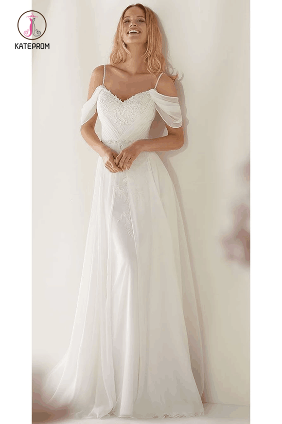 Unique Spaghetti Straps Sweep Train Wedding Dress, Long Beach Wedding Dresses KPW0505