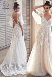 Ivory V Neck Beach Wedding Dresses with Lace Appliques, Romantic Backless Bridal Dresses KPW0506