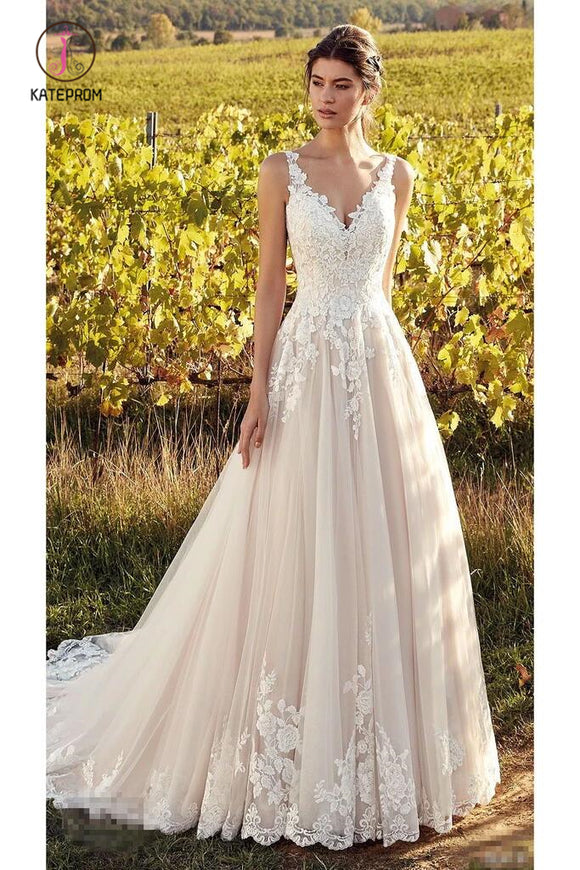Elegant Sleeveless V Neck Tulle Wedding Dresses with Lace Appliques, A Line Bridal Dress KPW0508