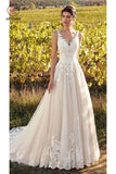Elegant Sleeveless V Neck Tulle Wedding Dresses with Lace Appliques, A Line Bridal Dress KPW0508