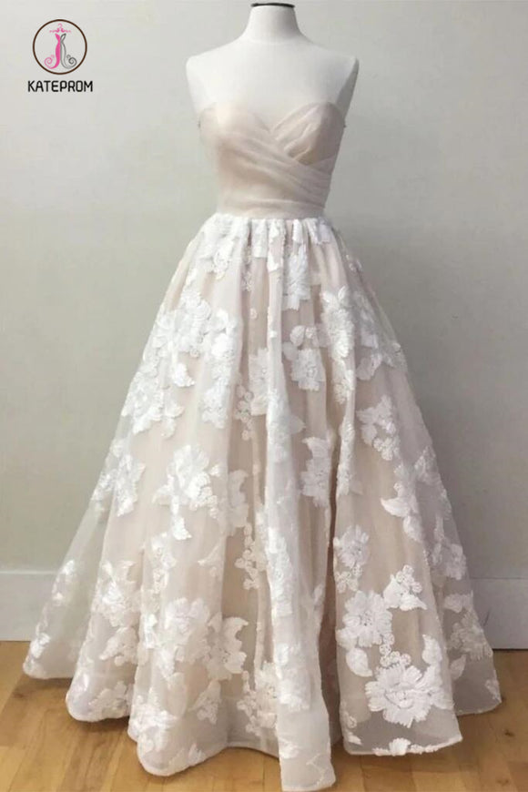 A Line Sweetheart Lace Wedding Dress, Floor Length Strapless Beach Wedding Dresses KPW0509