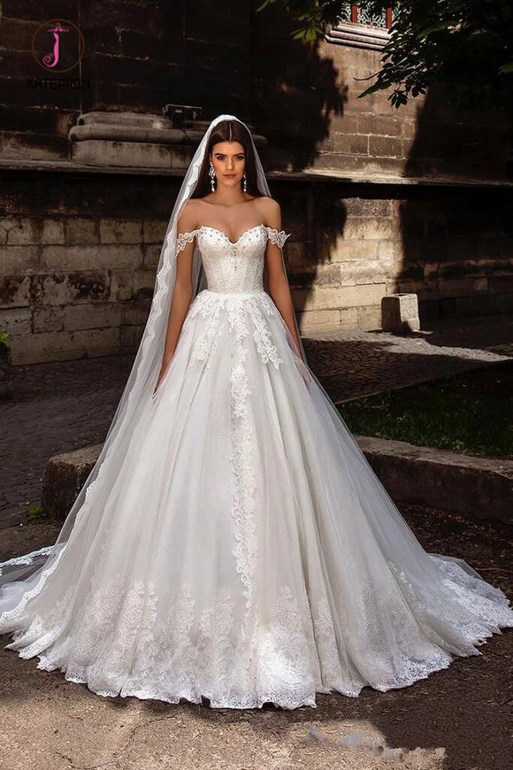Gorgeous Off Shoulder Sweep Train Lace Up Back Tulle Wedding Dress with Appliques KPW0510