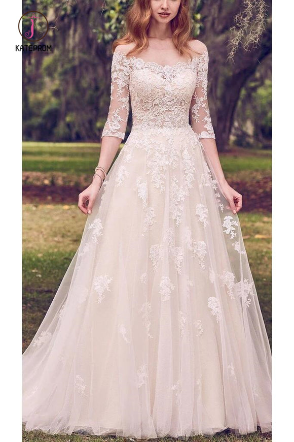 Vintage Off the Shoulder Tulle Wedding Dress with Lace, Appliqued Long Train Wedding Gown KPW0511