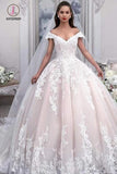 Light Pink Off the Shoulder Ball Gown Tulle Wedding Dress with Appliques, Bridal Dress KPW0512