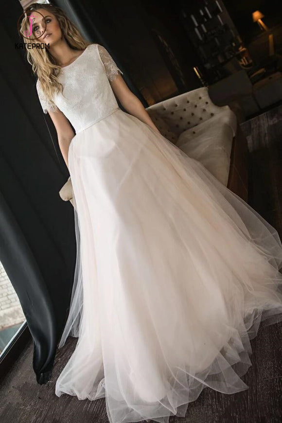 A Line Tulle Wedding Dress with Short Sleeves, Elegant Beach Wedding Dress with Lace KPW0513