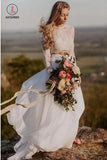 Romantic Two Piece Long Sleeves Wedding Dress with Lace, A Line Ivory Chiffon Bridal Dress KPW0515