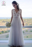 A Line Floor Length V Neck Sleeveless Tulle Beach Wedding Dress with Lace KPW0518
