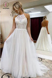 A Line Halter Tulle Wedding Dress with Lace, Backless Beach Wedding Dress with Train KPW0524