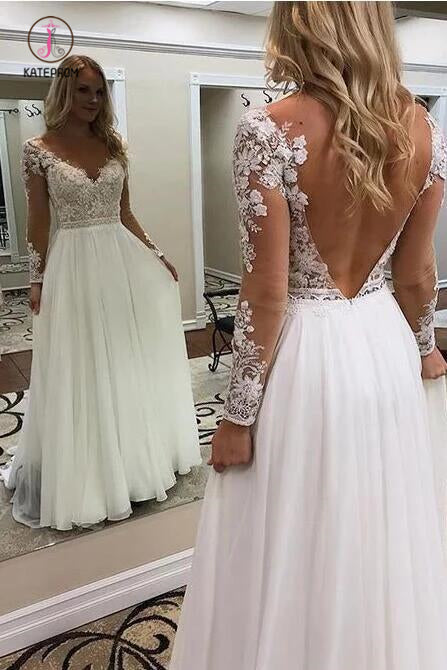 A Line Floor Length Long Sleeves V Neck Tulle Beach Wedding Dress with Lace Appliques KPW0525