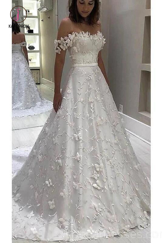Gorgeous Off the Shoulder Lace Wedding Dresses, White Long Bridal Dress KPW0527