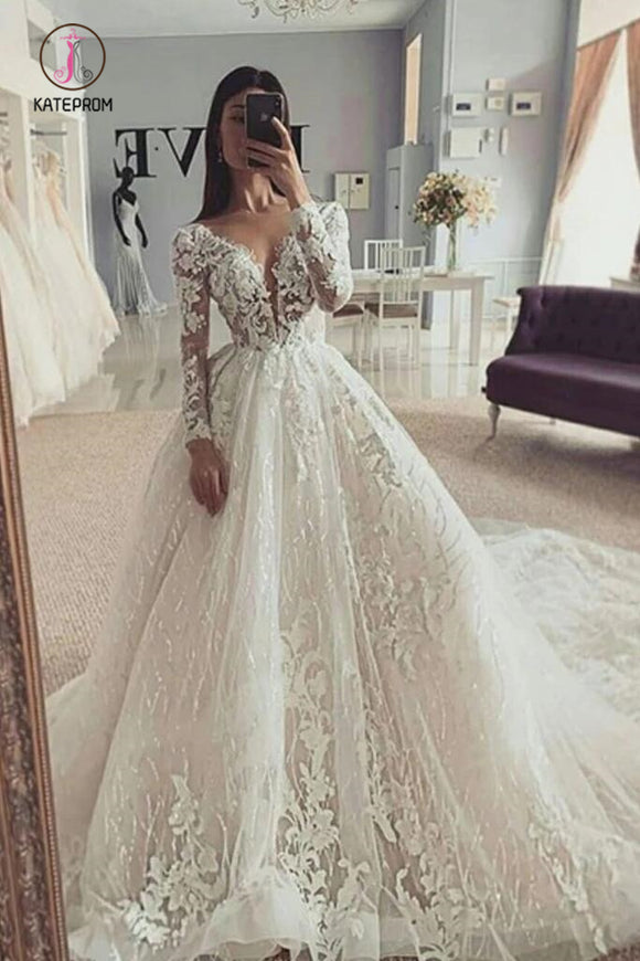 Puffy V Neck Long Sleeves Wedding Dress With Appliques, Stunning Wedding Gown with Train KPW0528
