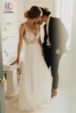 Simple Beading Long Tulle Beach Wedding Dress, A Line Deep V Neck Wedding Gown KPW0529