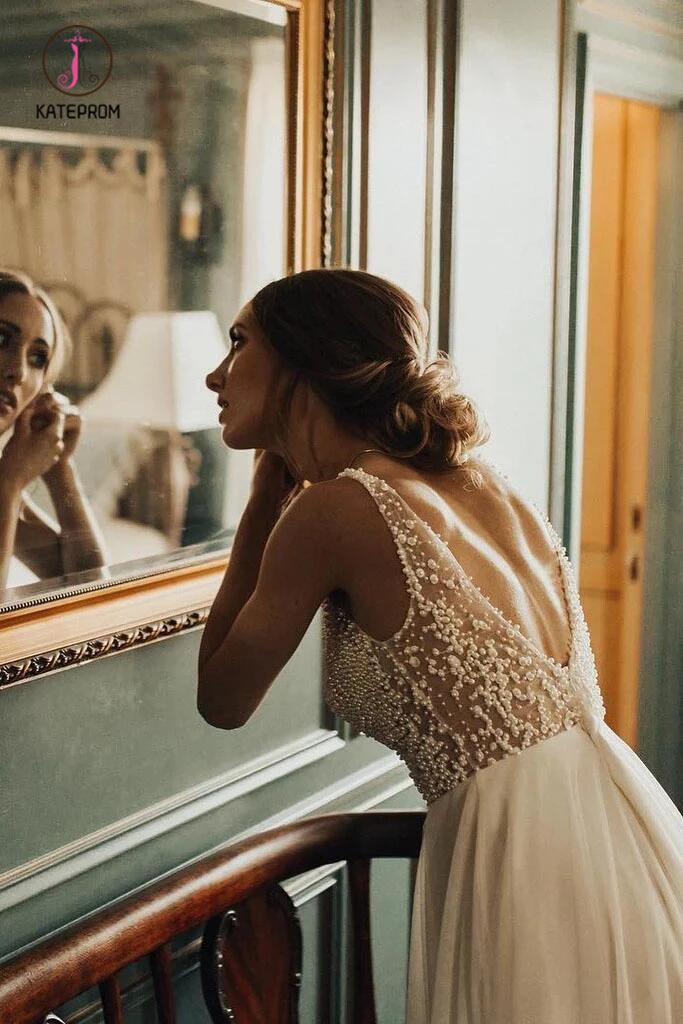 Simple Beading Long Tulle Beach Wedding Dress, A Line Deep V Neck Wedd –  kateprom