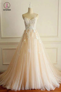 Spaghetti Straps A-line Long Custom Cheap Wedding Bridal Dresses, Lace Applique Bridal Dress KPW0531