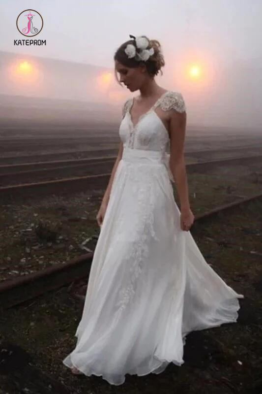 Romantic V Neck Cap Sleeves Chiffon Beach Wedding Dress with Lace Appliques KPW0533