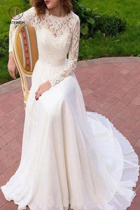 Vintage Long Sleeves Chiffon Wedding Dress with Lace, Flowy Beach Wedding Dress KPW0536