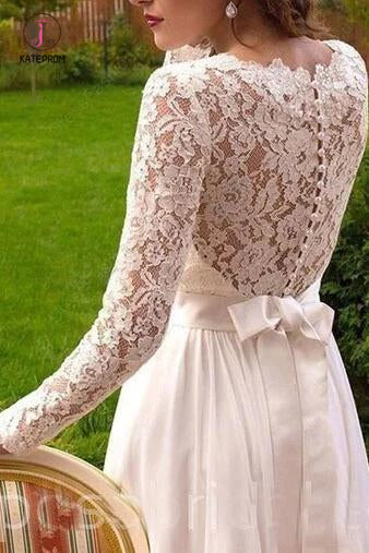 Vintage Long Sleeves Chiffon Wedding Dress with Lace, Flowy Beach Wedd kateprom Vintage Long Sleeves Chiffon Wedding Dress with Lace, Flowy Beach Wedd kateprom