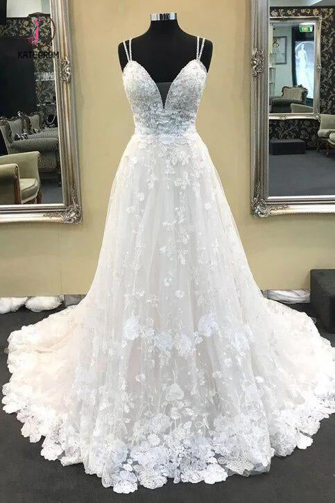 White V Neck Sleeveless Wedding Dress, A Line Long Lace Bridal Dresses KPW0537