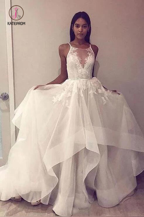 A Line Sleeveless Tulle Prom Dress with Lace Appliques, Cheap Beach Wedding Dress KPW0540
