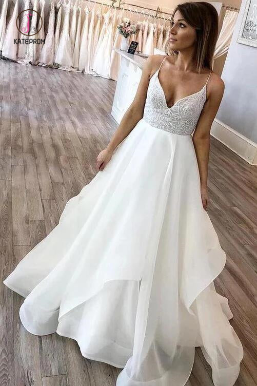 Floor Length Spaghetti Straps Beach Wedding Dress with Lace, Simple Bridal Dress KPW0542