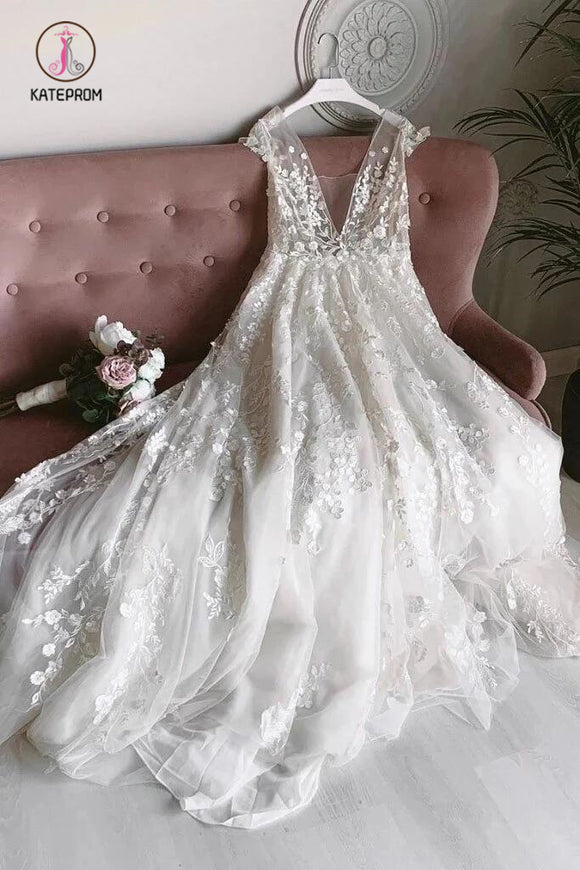 A Line Ivory Deep V Neck Appliques Long Wedding Dresses, Cap Sleeve Beach Wedding Dress KPW0543
