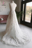 A Line Ivory Deep V Neck Appliques Long Wedding Dresses, Cap Sleeve Beach Wedding Dress KPW0543