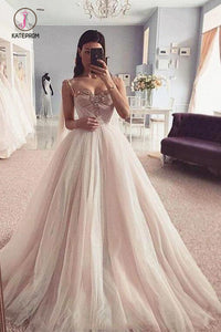 Charming Spaghetti Straps Sweetheart Tulle Prom Dress with Beading, Wedding Dresses KPW0541
