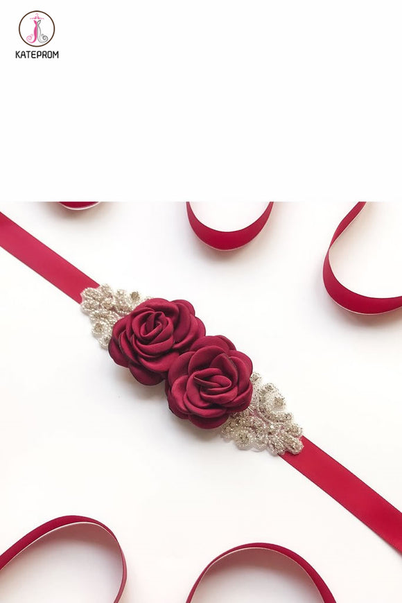 Hand Made Flower Bridal Sash with Rhinestones, Formal Dress Belt KPS0002