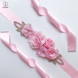 Rose Flower Rhinestone Pearls Wedding Sash KPS0003